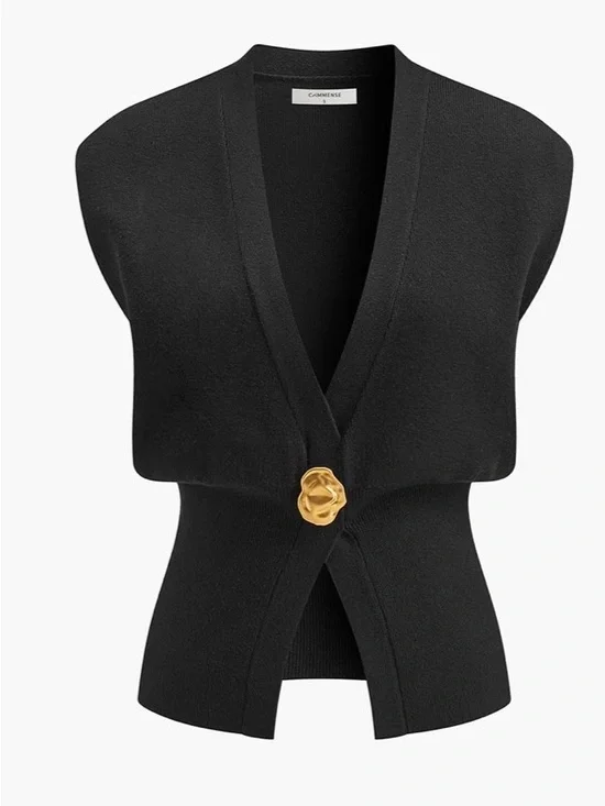 Commense Black Sleeveless V-Neck Tank with Gold Accent - Picture 3 of 6